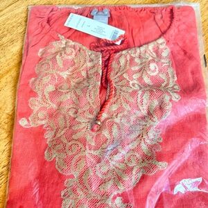 NWT Chico's Gold Lace Tangelo Linen Top Tunic with Neck Detail, 3/4 Sleeve, 8/10